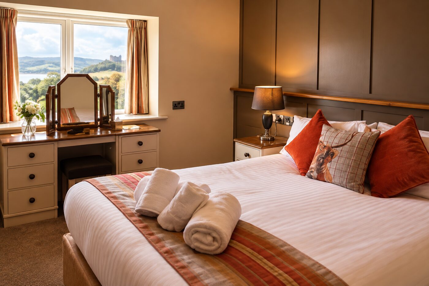 A double bedroom at The Lion Hotel with a view of Criccieth Castle from the window