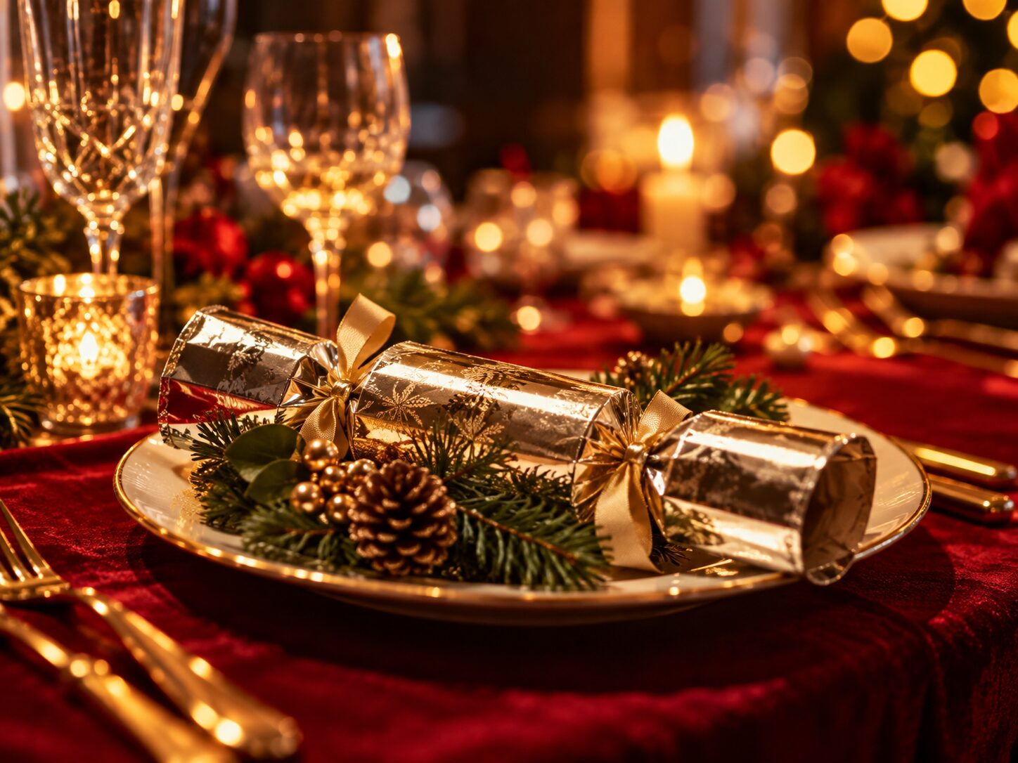 Boxing Day dinner table at The Lion Hotel with gold Christmas crackers, candles and crystal glasses