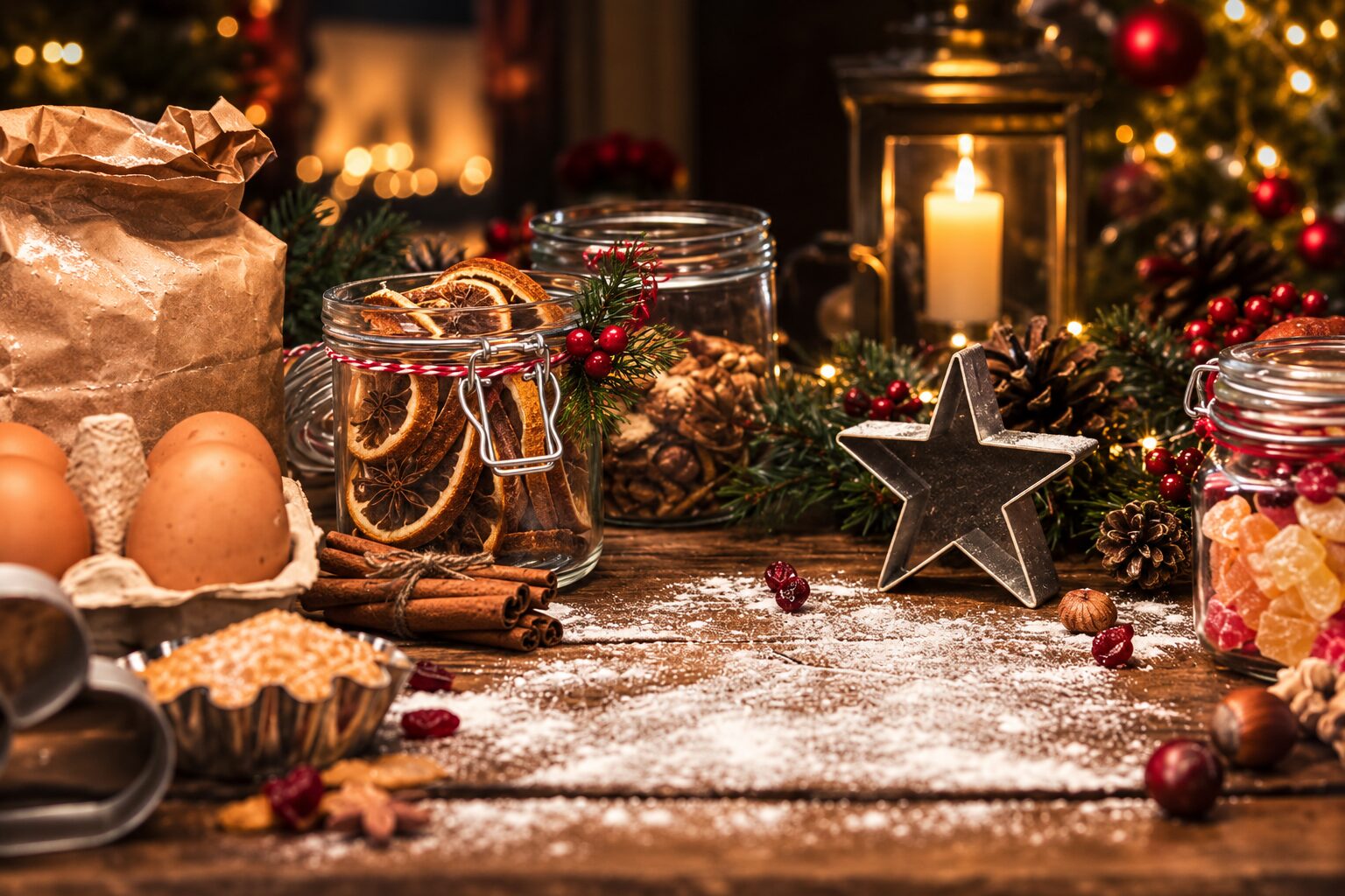 Christmas Day evening buffet at The Lion Hotel: festive baking table with dried oranges, cinnamon, pine cones and a lantern