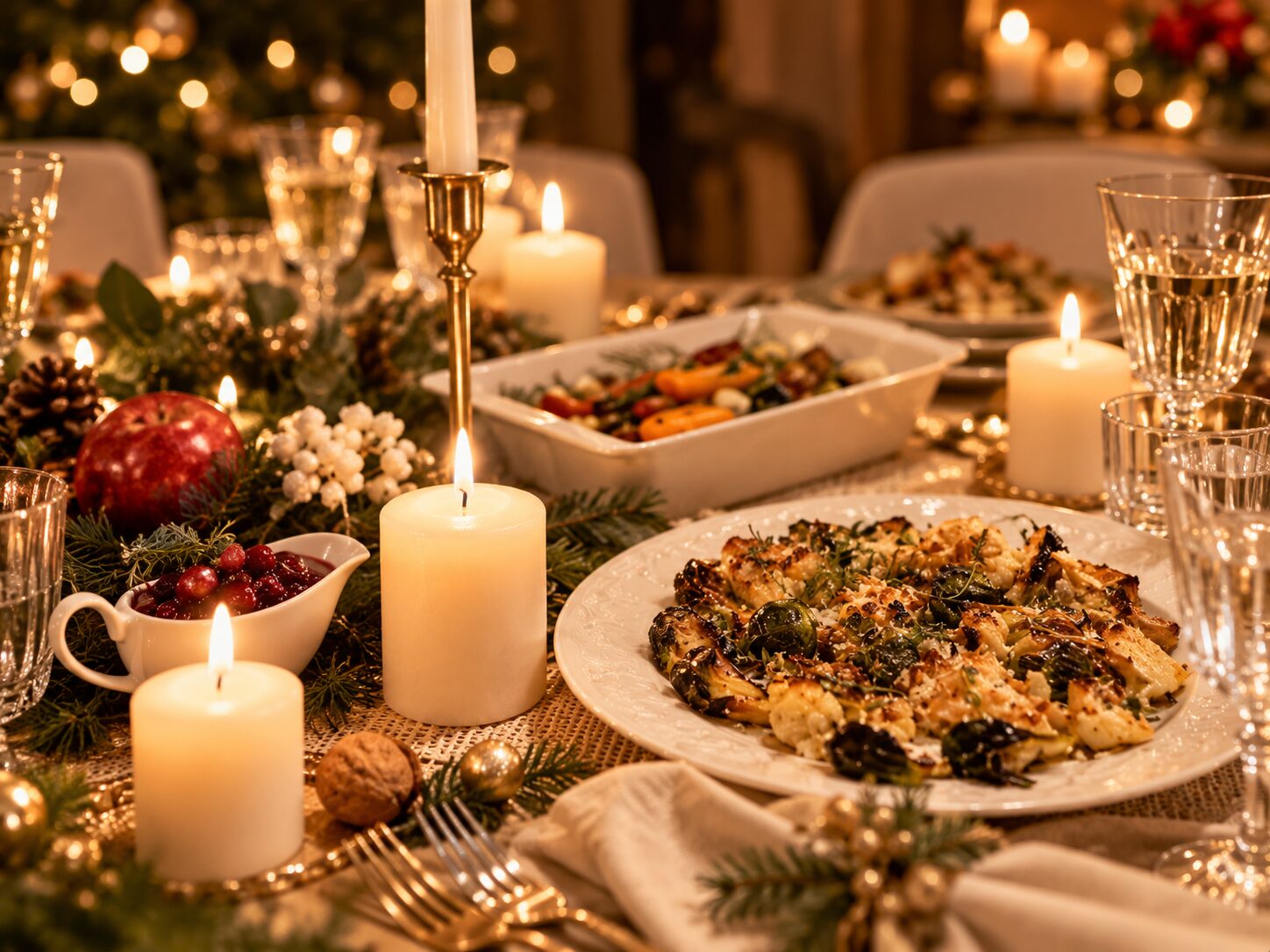 Christmas Eve dinner at The Lion Hotel: candlelit table with roasted sprouts, winter vegetables and cranberry sauce