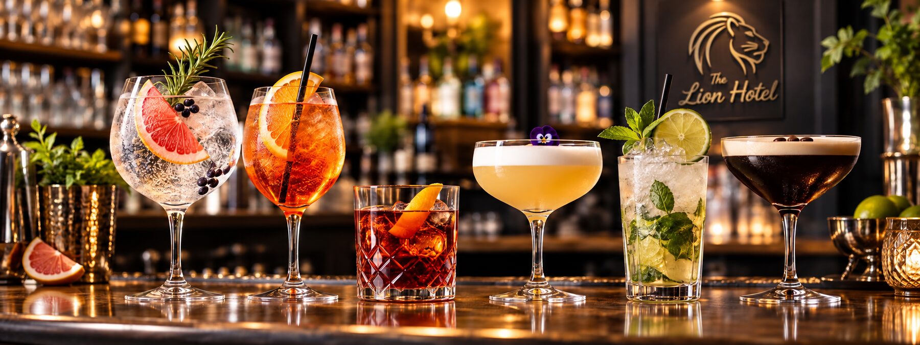 A line of cocktails on the bar at The Lion Hotel, from a gin and tonic to an espresso martini, under the hotel crest
