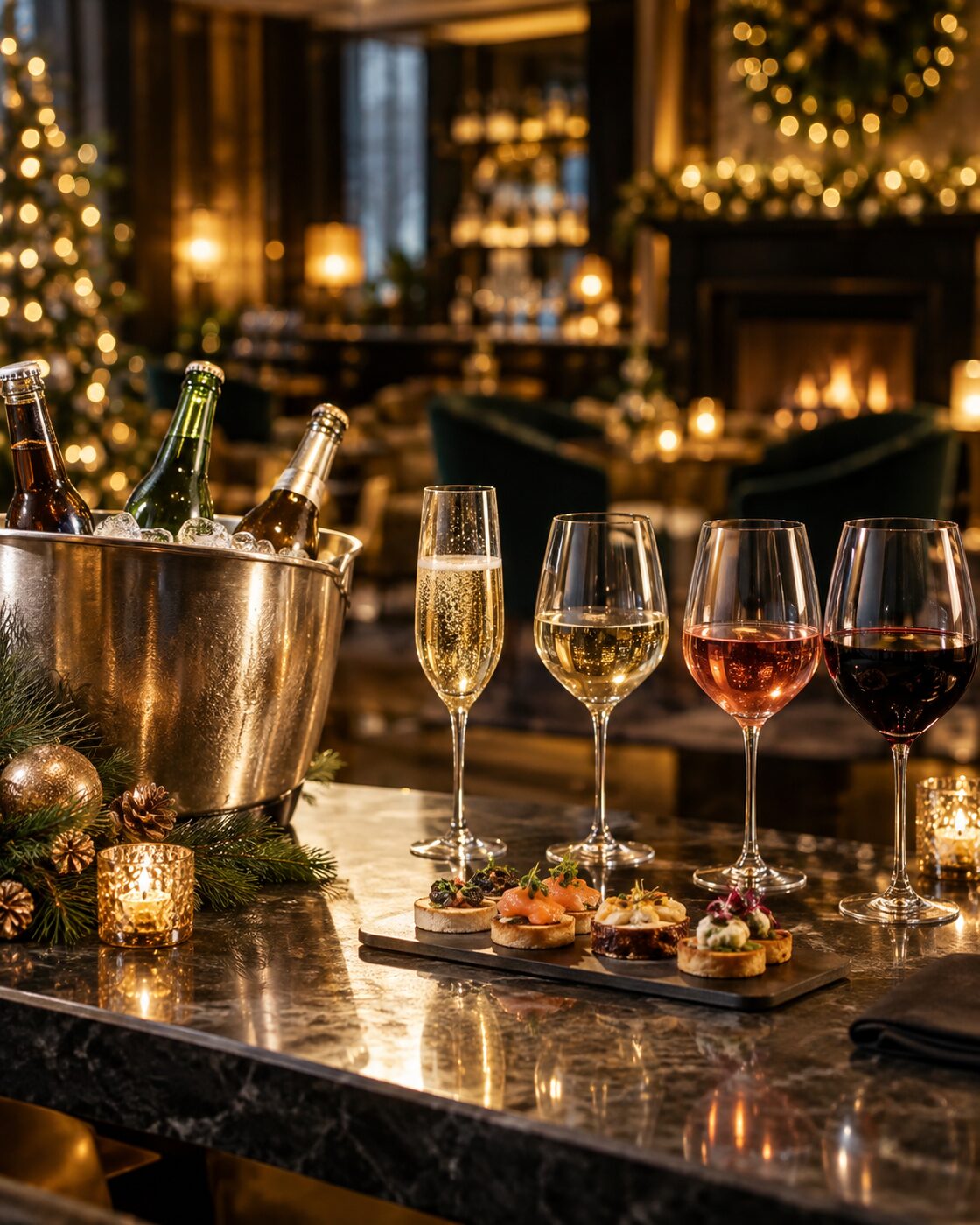 Drinks packages at The Lion Hotel bar: beer and cider in an ice bucket, wines and canapés
