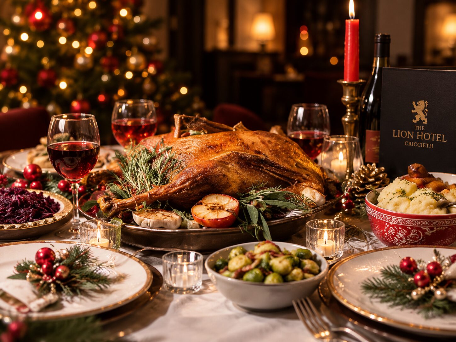 Christmas Day lunch at The Lion Hotel: roast turkey with all the trimmings, red wine and candlelight beside the Christmas tree