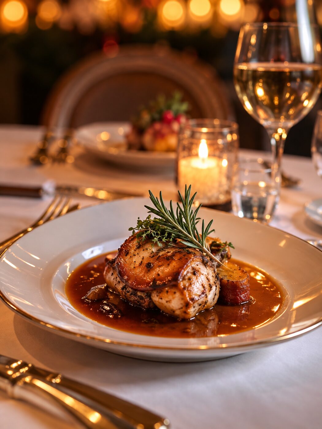 Festive plated main course with rosemary and rich jus, served by candlelight at The Lion Hotel