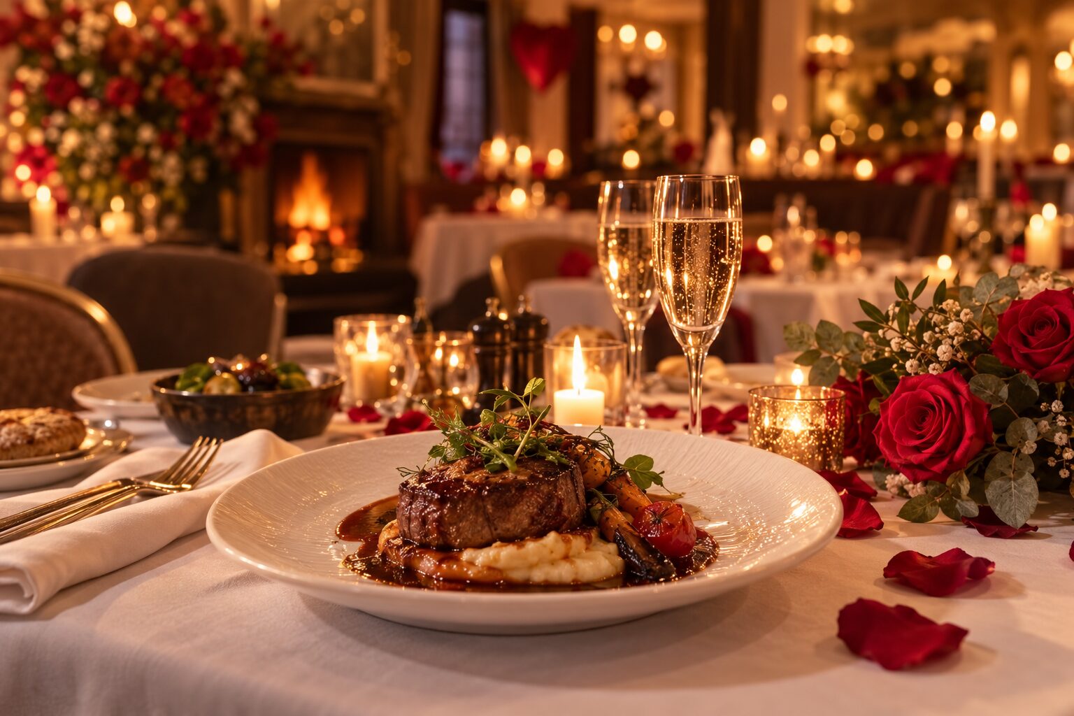 Valentine's dinner at The Lion Hotel: steak with red wine jus, champagne, candles and red roses